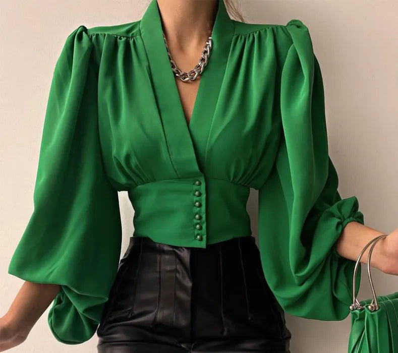 Sexy Keyhole Halter Long-sleeved Blouse Elegant High Collar Ruffled Solid Shirt Streetwear Ladies Casual Top New Solid