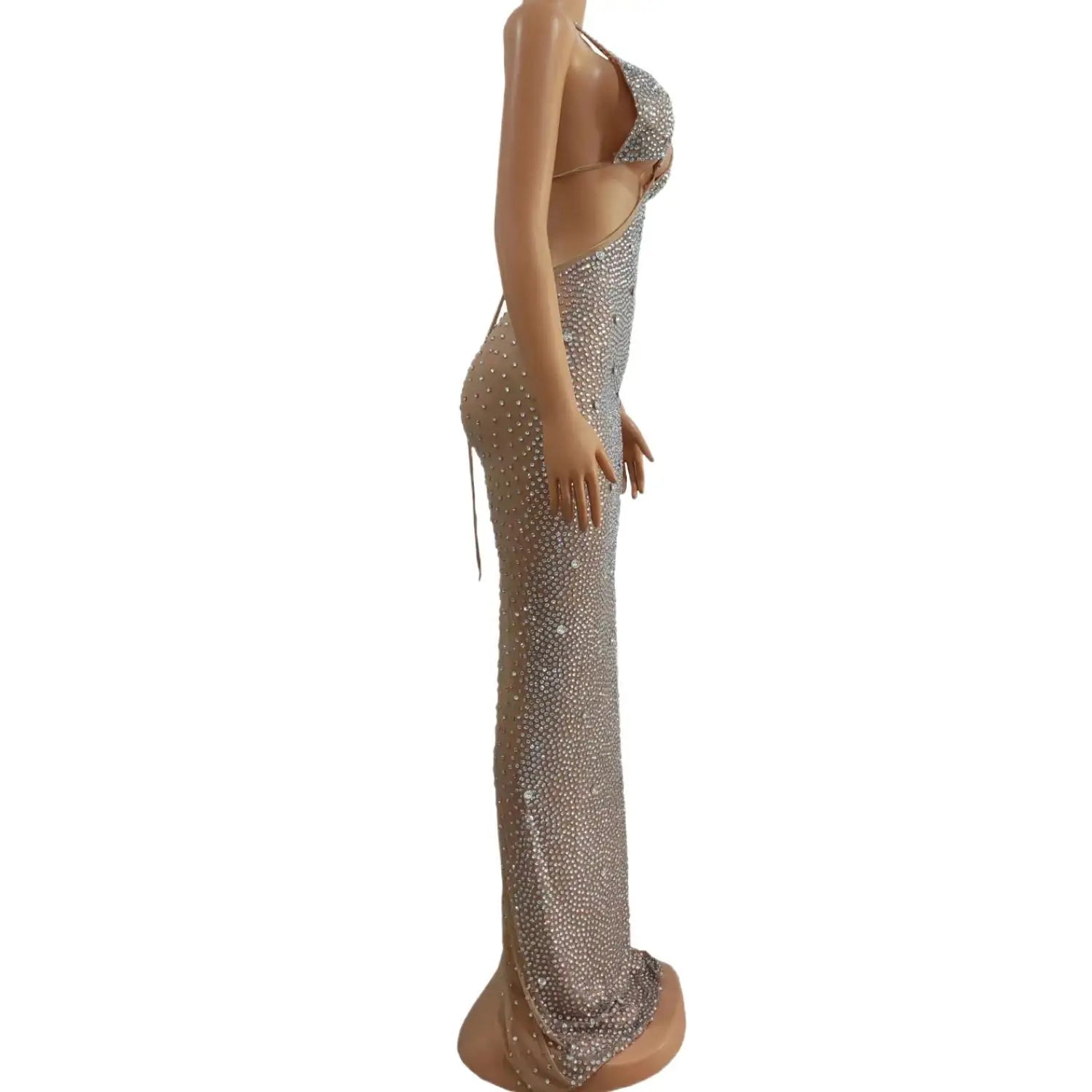 Sexy Long Sparkly Prom Dresses Sheer Luxury Silver Crystals Diamond Sequin Backless Black Girl Prom Party Gowns