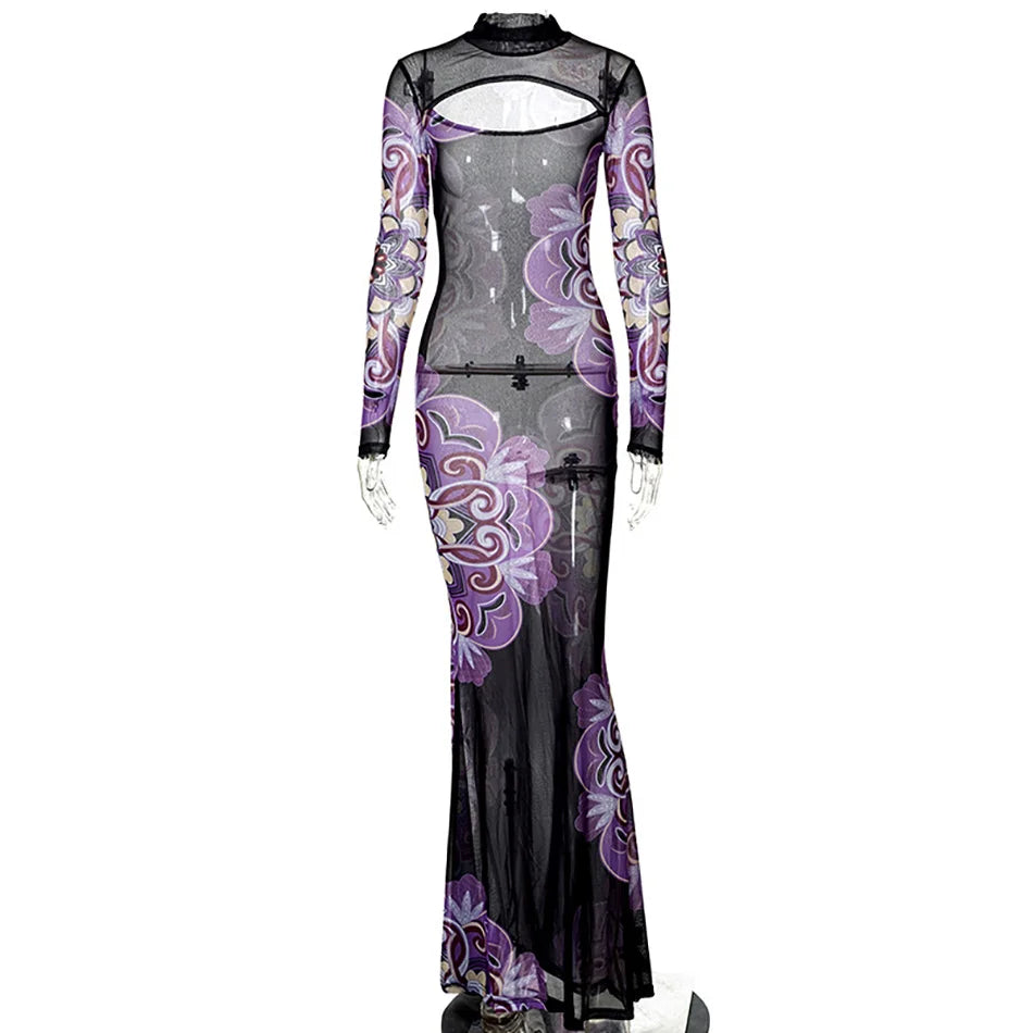 Sexy Mesh Maxi Dress Autumn Casual Round Neck Purple Printed Long Sleeve Cut Out Slim Long Bodycon Dress
