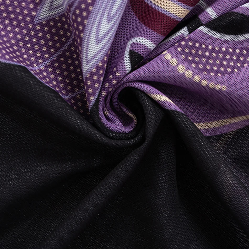 Sexy Mesh Maxi Dress Autumn Casual Round Neck Purple Printed Long Sleeve Cut Out Slim Long Bodycon Dress