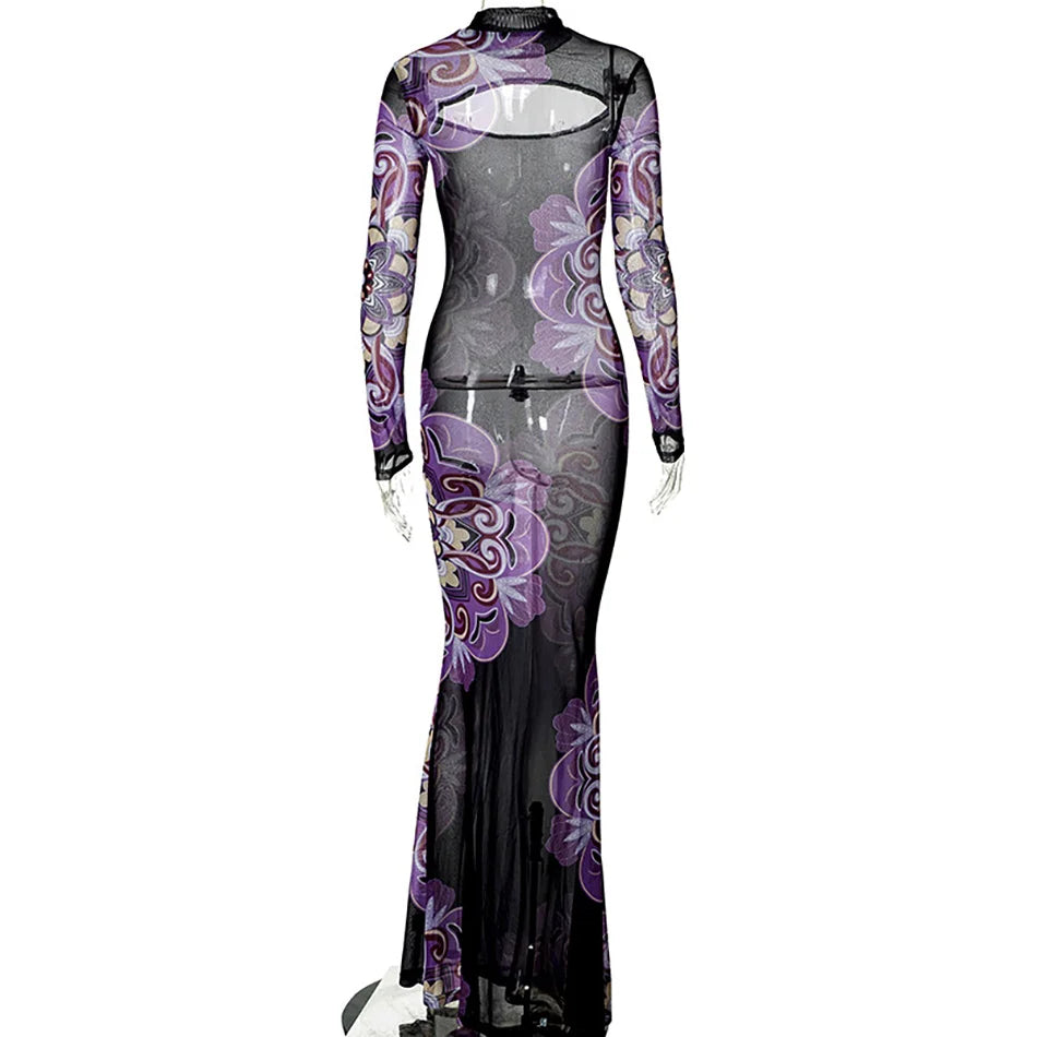 Sexy Mesh Maxi Dress Autumn Casual Round Neck Purple Printed Long Sleeve Cut Out Slim Long Bodycon Dress