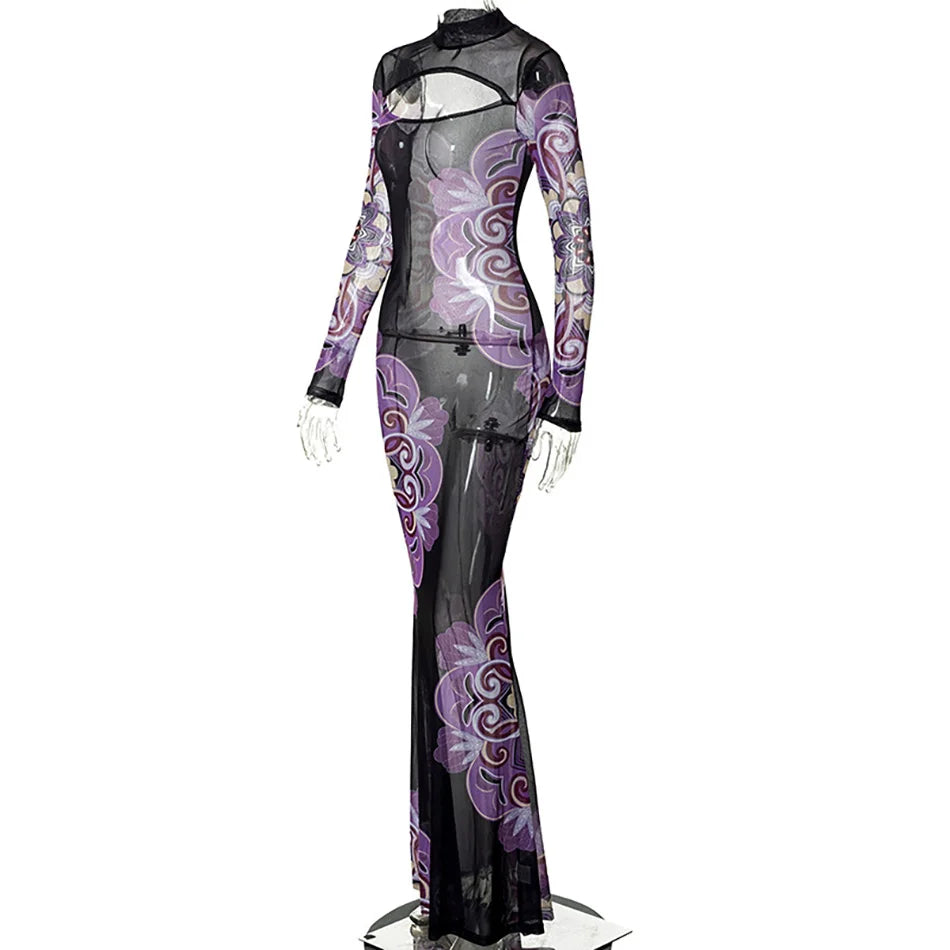 Sexy Mesh Maxi Dress Autumn Casual Round Neck Purple Printed Long Sleeve Cut Out Slim Long Bodycon Dress