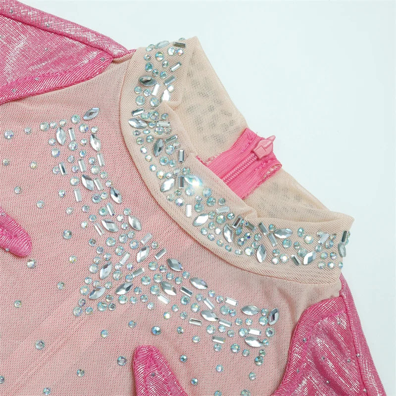 Sexy Mesh See-through Patchwork Luxury Birthday Dress for Women Sparkly Diamonds Rhinestone Nightclub Party Dresses