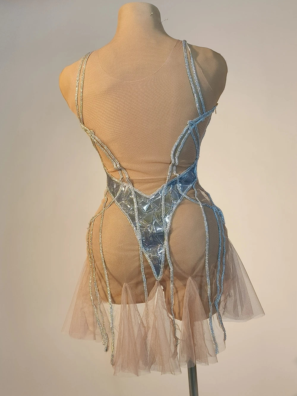 Sexy Mesh Silver Sequins Short Dresses for Women Birthday Party Dress Singer Dancer Stage Wear Performance Costume