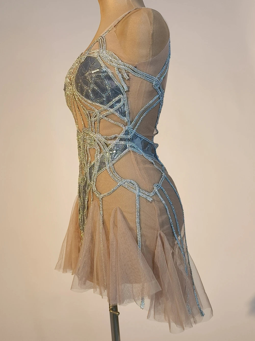 Sexy Mesh Silver Sequins Short Dresses for Women Birthday Party Dress Singer Dancer Stage Wear Performance Costume