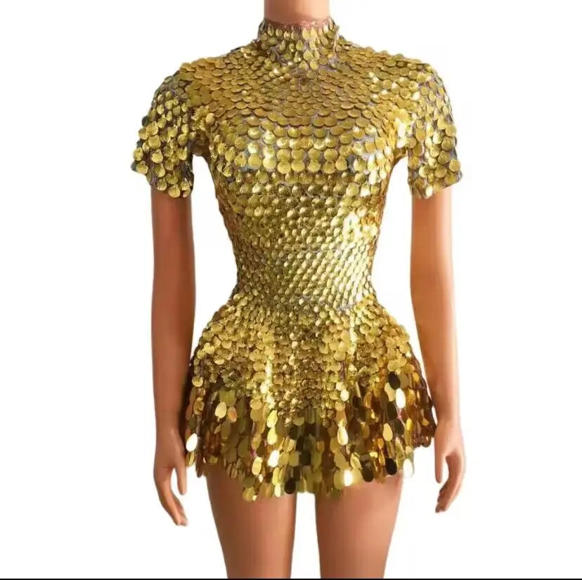 Sexy Nightclub Leotard Shining Lovely Sequins Mini Dress Costume Celebrate Rhinestone Bodysuit Birthday Silver Dresses