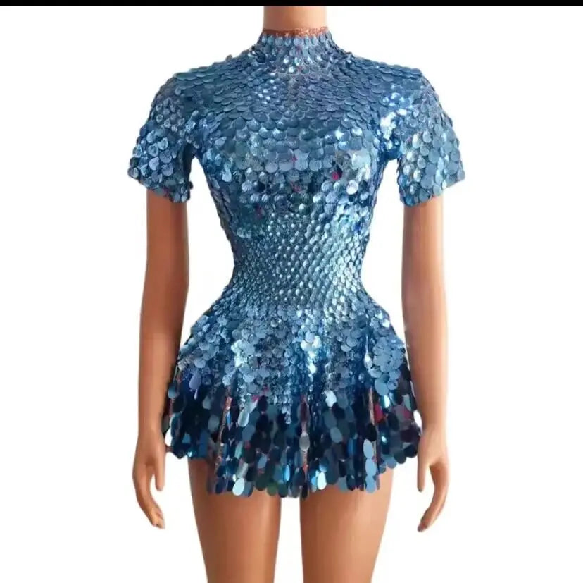 Sexy Nightclub Leotard Shining Lovely Sequins Mini Dress Costume Celebrate Rhinestone Bodysuit Birthday Silver Dresses