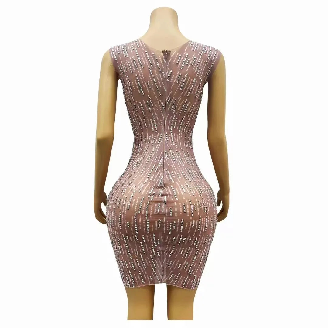 Sexy Nude Transparent Mesh Silver Rhinestones Stretch Sleeveless Dress Evening Birthday Celebrate Costume Prom Party Show Gowns