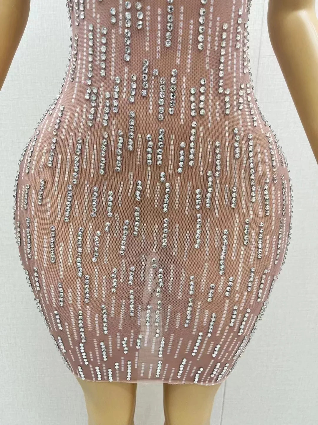 Sexy Nude Transparent Mesh Silver Rhinestones Stretch Sleeveless Dress Evening Birthday Celebrate Costume Prom Party Show Gowns