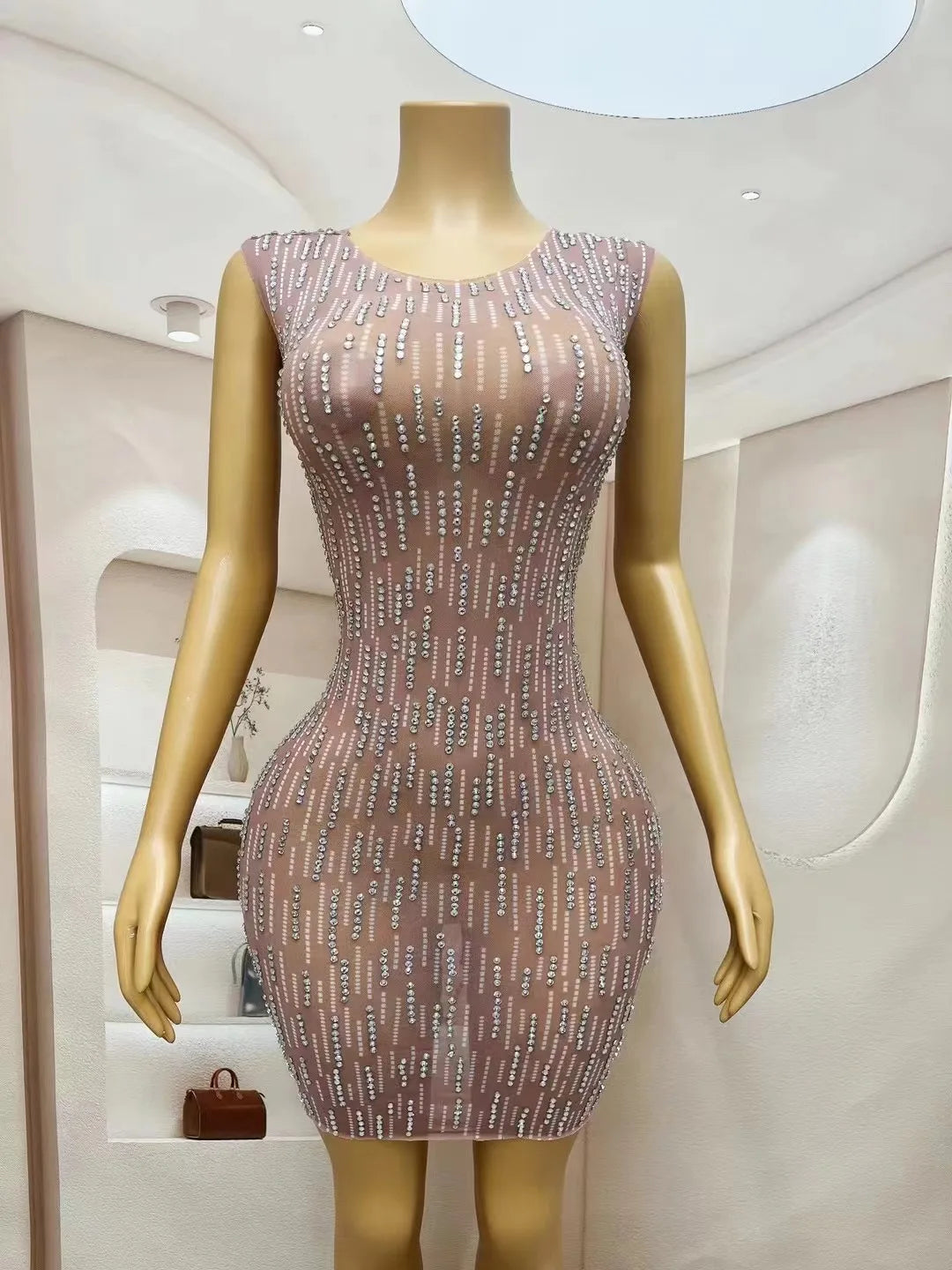 Sexy Nude Transparent Mesh Silver Rhinestones Stretch Sleeveless Dress Evening Birthday Celebrate Costume Prom Party Show Gowns