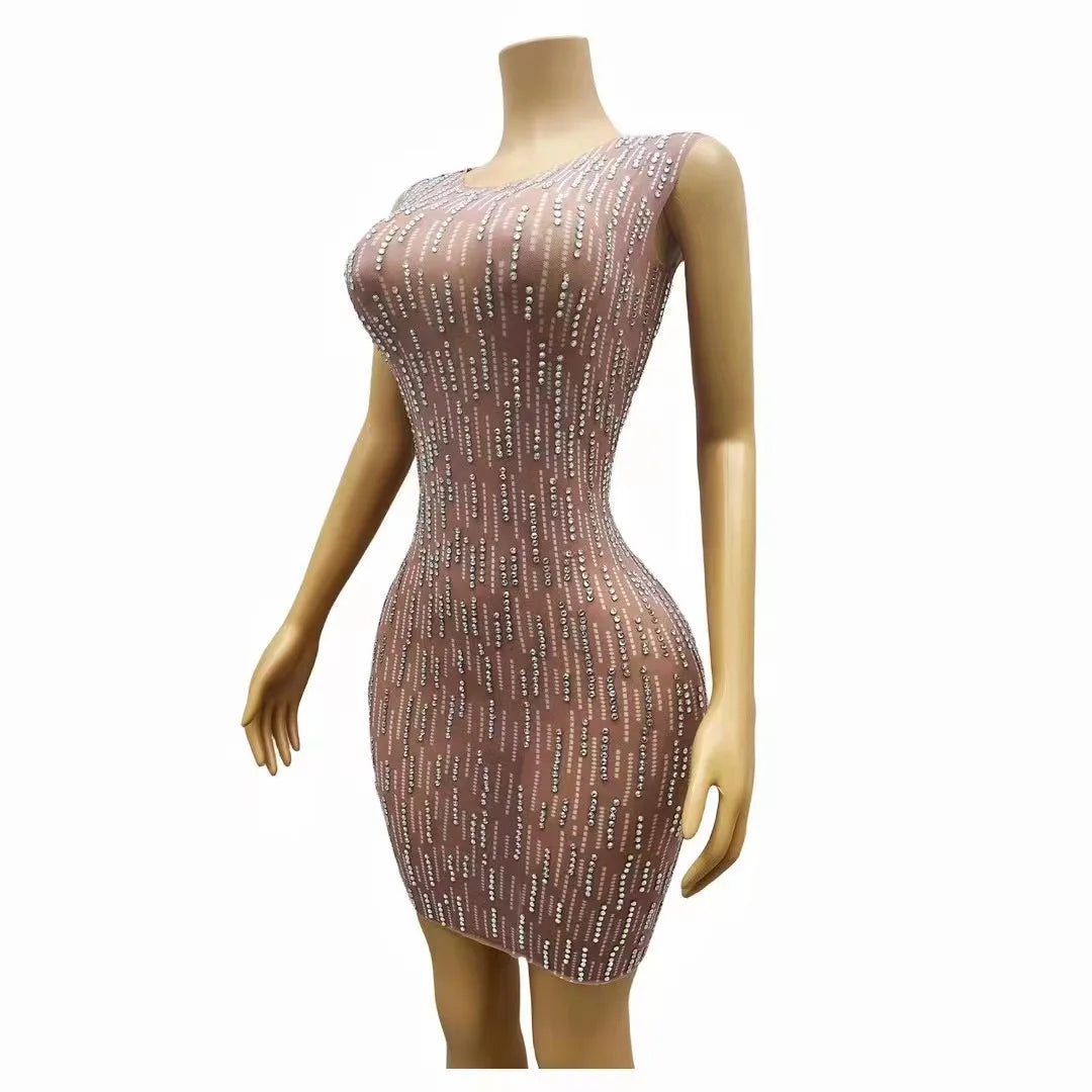 Sexy Nude Transparent Mesh Silver Rhinestones Stretch Sleeveless Dress Evening Birthday Celebrate Costume Prom Party Show Gowns
