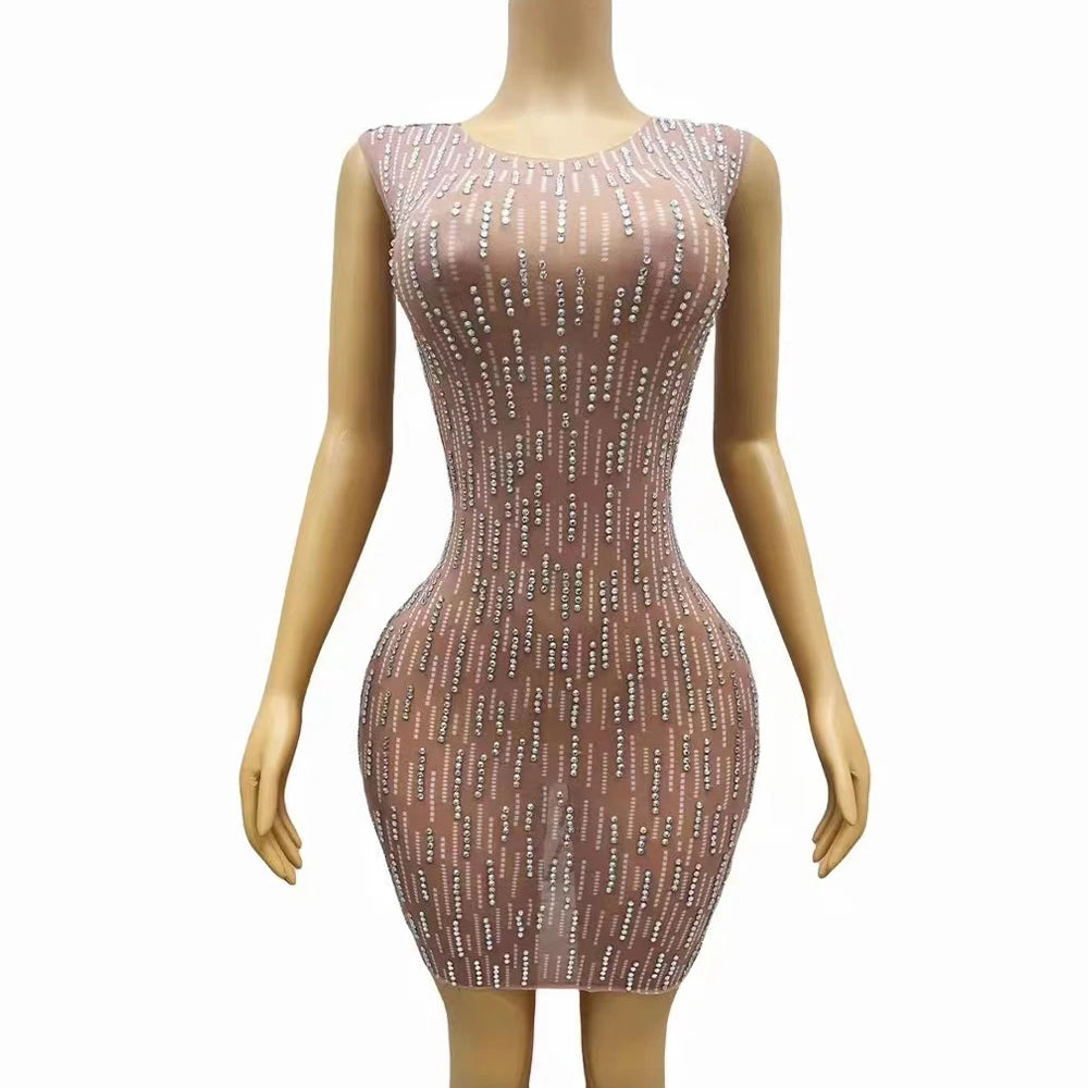 Sexy Nude Transparent Mesh Silver Rhinestones Stretch Sleeveless Dress Evening Birthday Celebrate Costume Prom Party Show Gowns