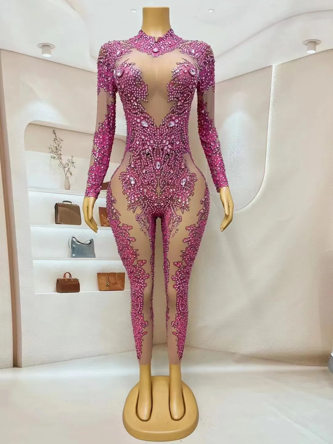 Pink Crystals Birthday Celebrate Jumpsuit Transparent Mesh Dance Outfit