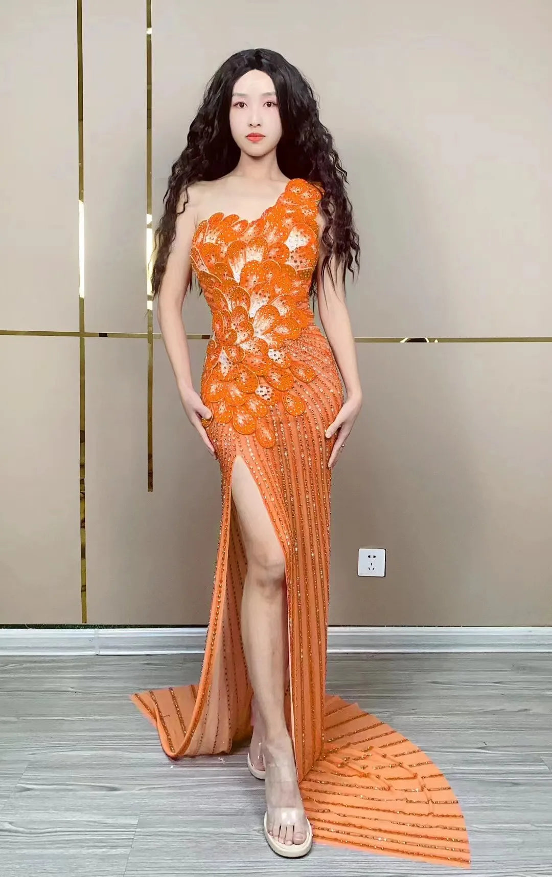 Sexy Pink Rhinetones Flowers Sleeveless Dress Birthday Evening Celebrate Costume Dance Birthday Party Evening Photoshoot Dress