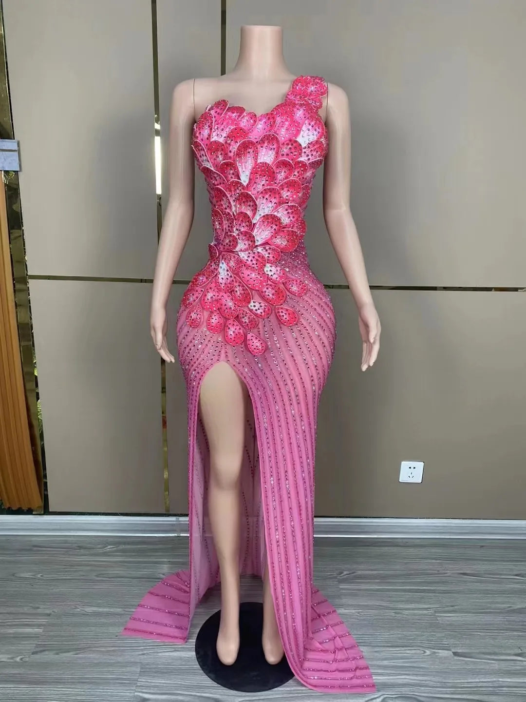 Sexy Pink Rhinetones Flowers Sleeveless Dress Birthday Evening Celebrate Costume Dance Birthday Party Evening Photoshoot Dress