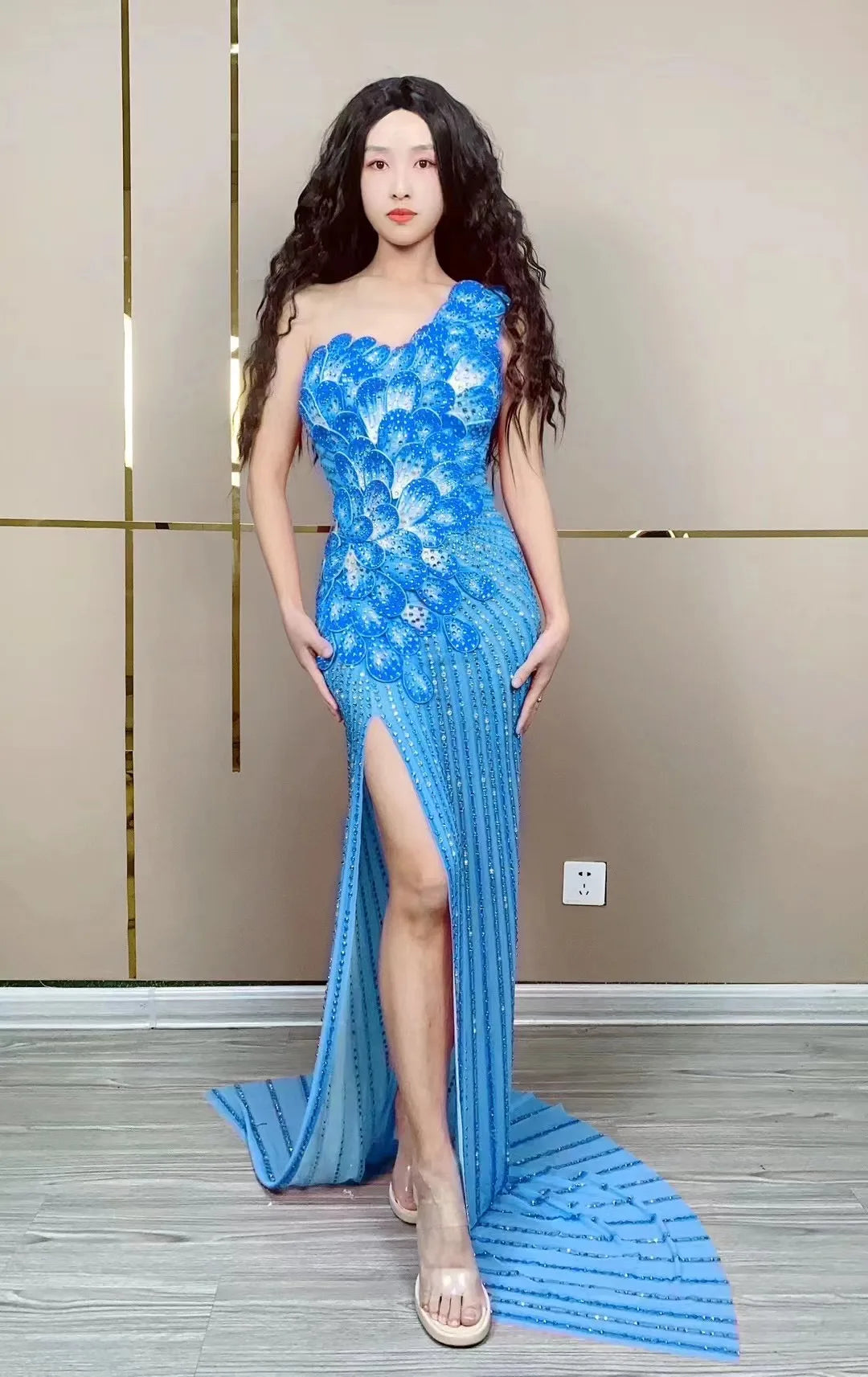 Sexy Pink Rhinetones Flowers Sleeveless Dress Birthday Evening Celebrate Costume Dance Birthday Party Evening Photoshoot Dress