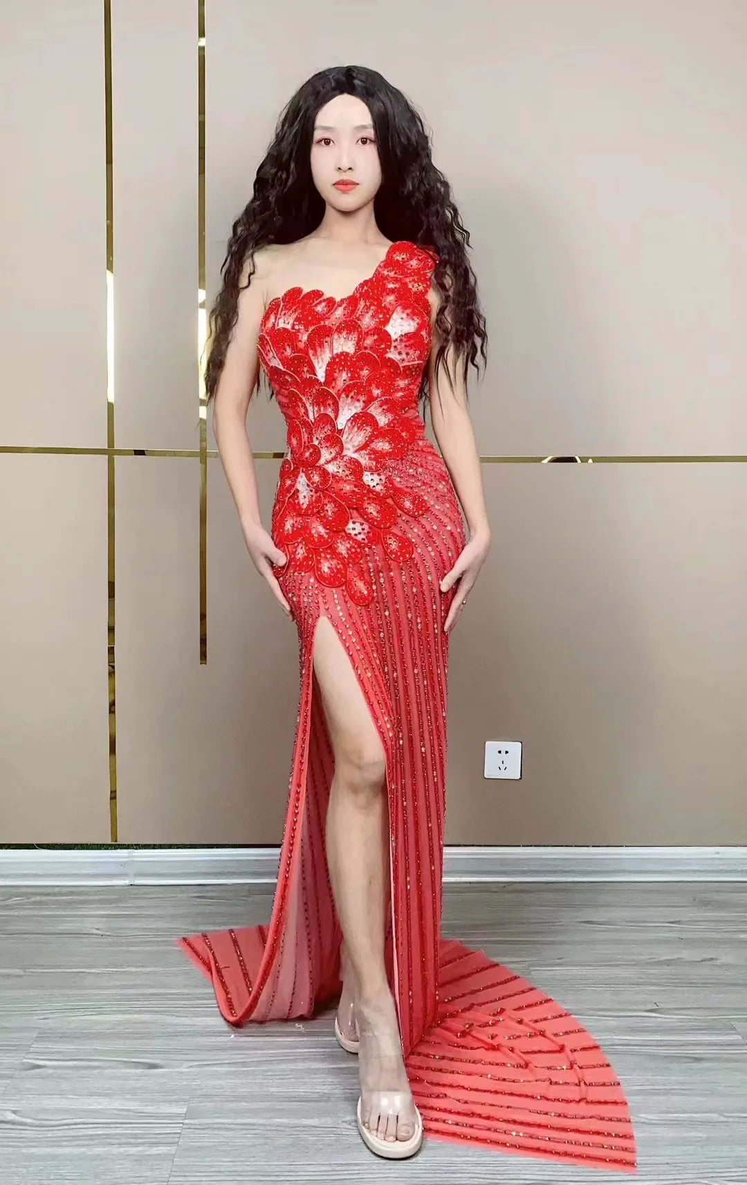 Sexy Pink Rhinetones Flowers Sleeveless Dress Birthday Evening Celebrate Costume Dance Birthday Party Evening Photoshoot Dress