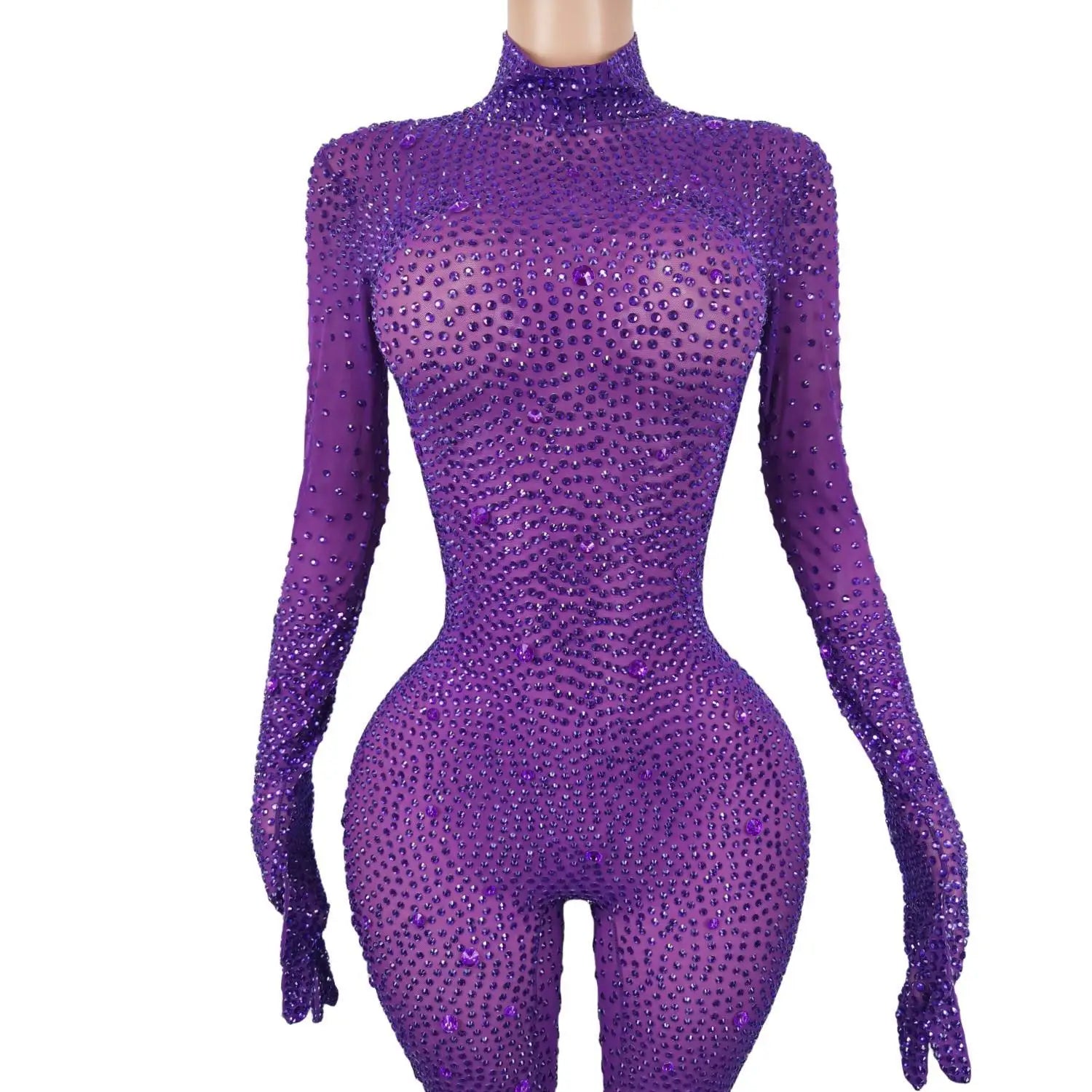 Sexy Purple Rhinestone Jumpsuit Women Singer Dancer Stretch Bodysuit One-piece Costume Outfit Party Performance Jumpsuit