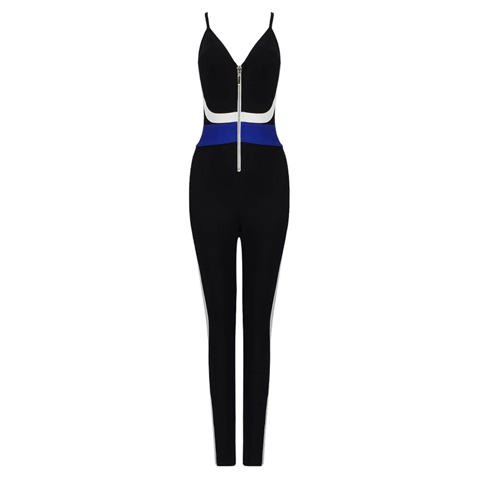 Sexy Rayon Bandage Jumpsuit Spaghetti Strap V Neck Patchwork Colorblock Long Pants Zipper Embellished Bodycon Jumpsuit