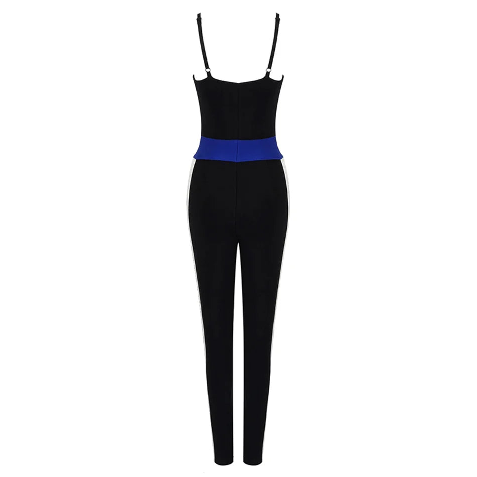 Sexy Rayon Bandage Jumpsuit Spaghetti Strap V Neck Patchwork Colorblock Long Pants Zipper Embellished Bodycon Jumpsuit