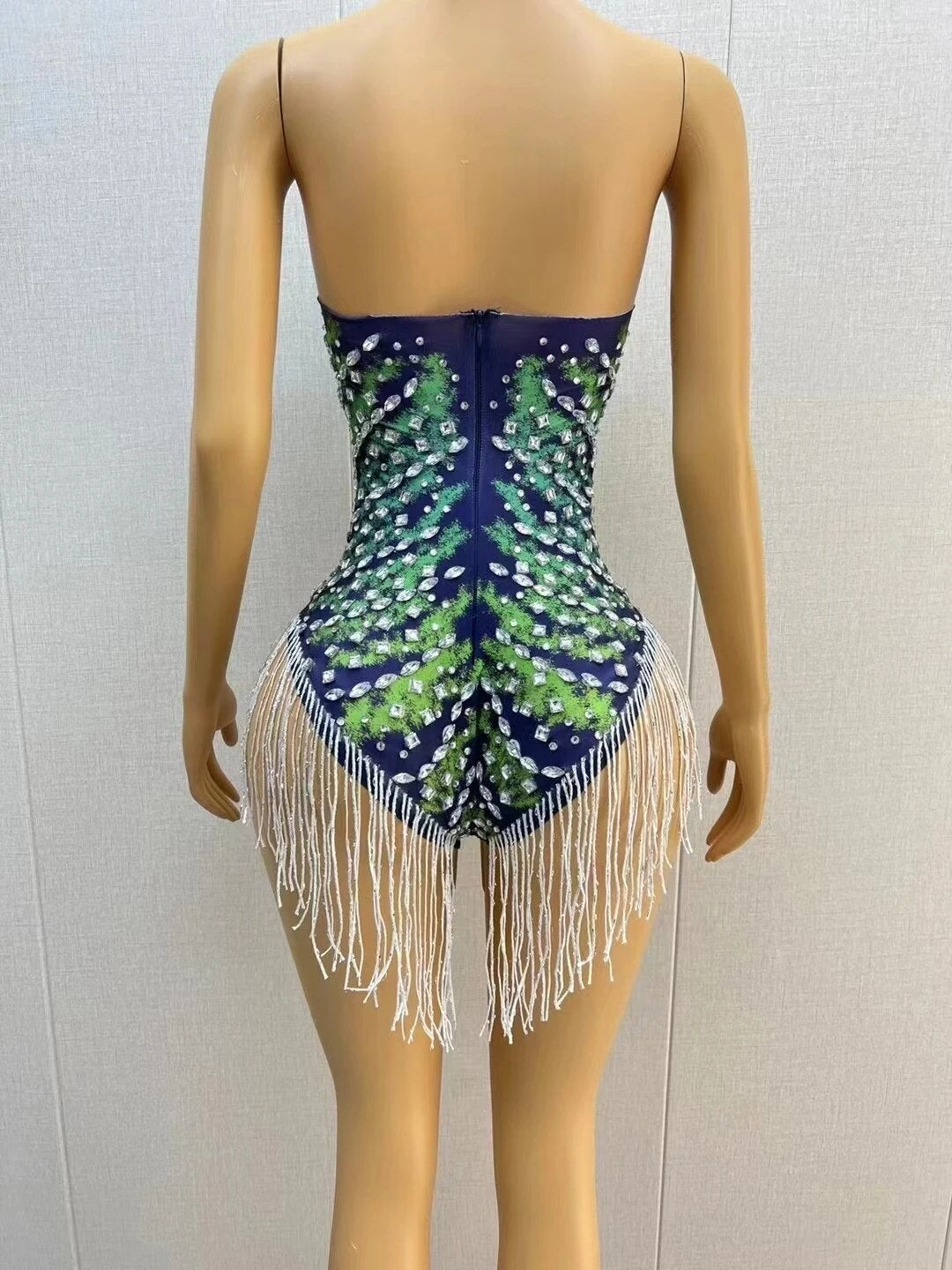 Sexy Rhinestones Crystals Fringes Leotard Birthday Celebrate Sleeveless Singer Bodysuit Women's Backless Outfit Haixing