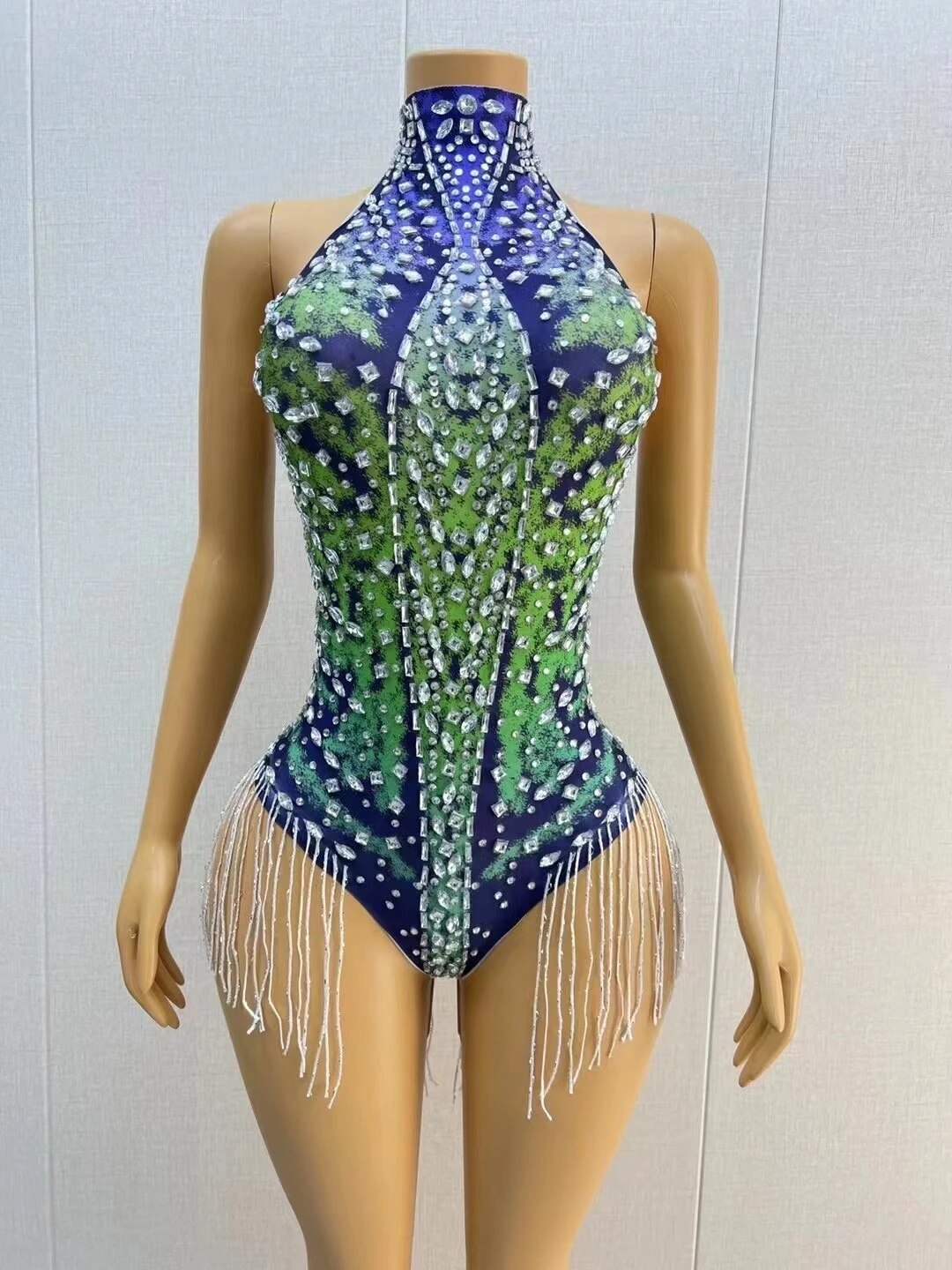 Sexy Rhinestones Crystals Fringes Leotard Birthday Celebrate Sleeveless Singer Bodysuit Women's Backless Outfit Haixing