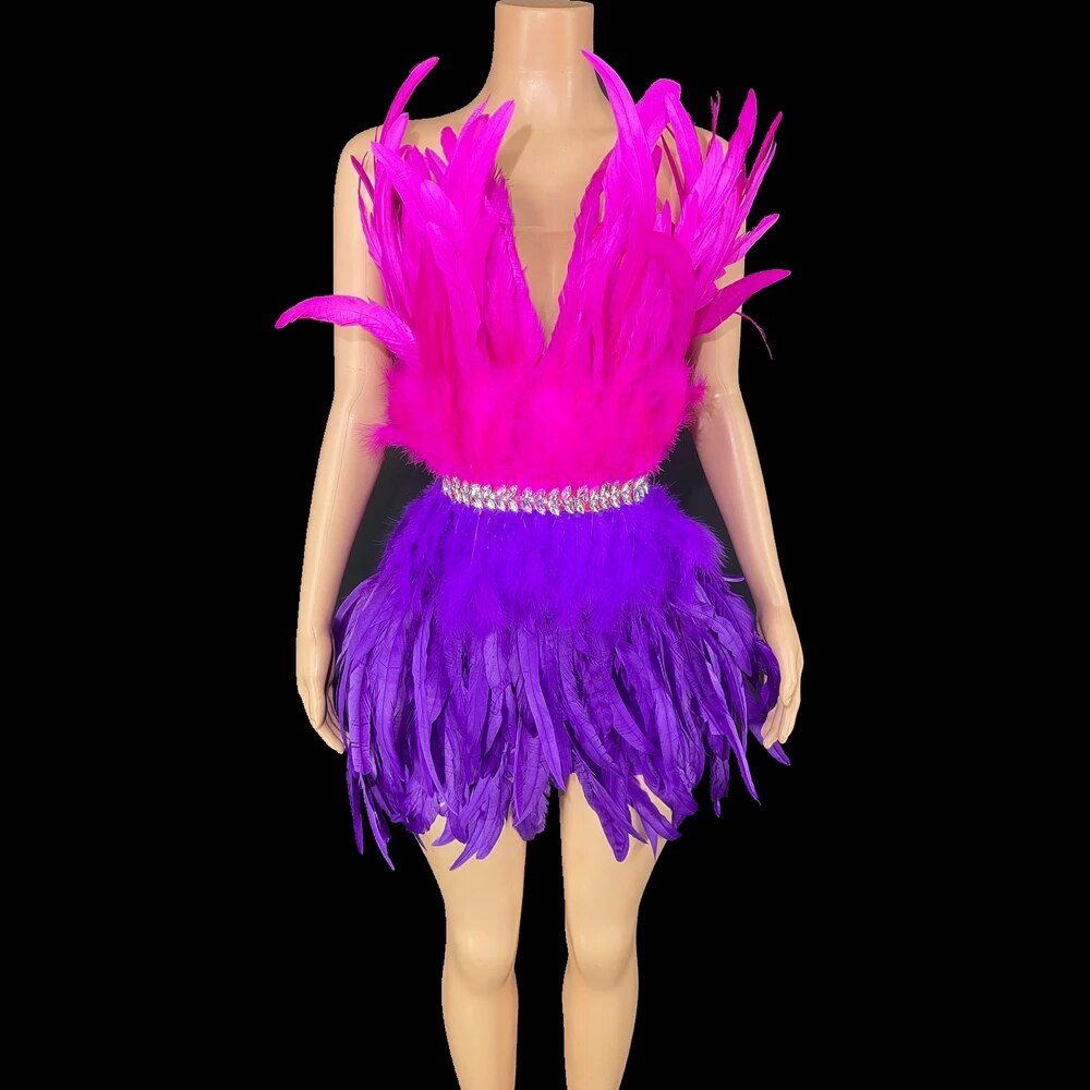 Sexy Rhinestones Short Tube Feathers Dress for Women Celebrate Birthday Dress Singer Show Wear Dancer Performance Dance Costume