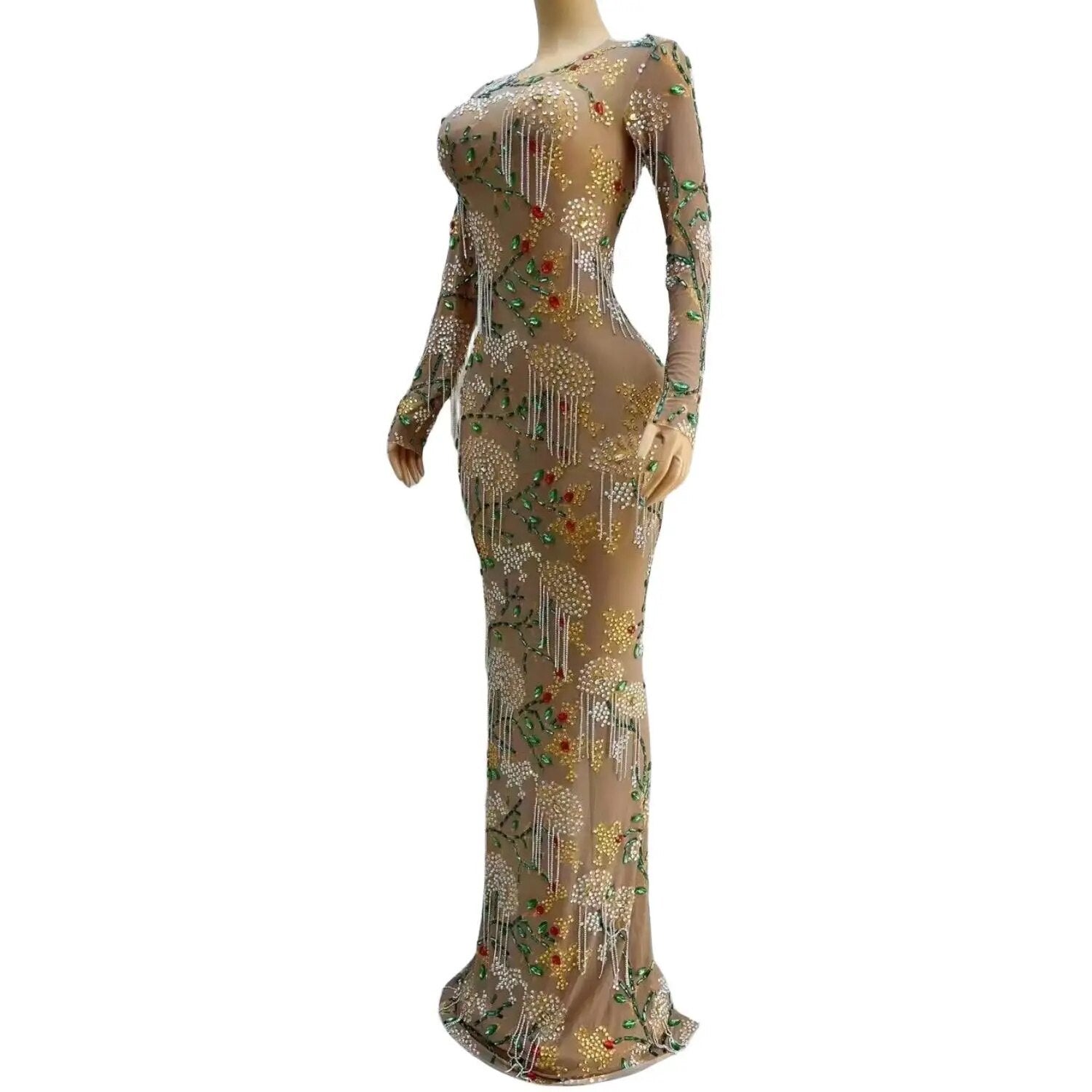 Sexy See Through Glitter Women Birthday Party Flower Gowns Sparkly Crystal Chain Black Girls Long Prom Dress 