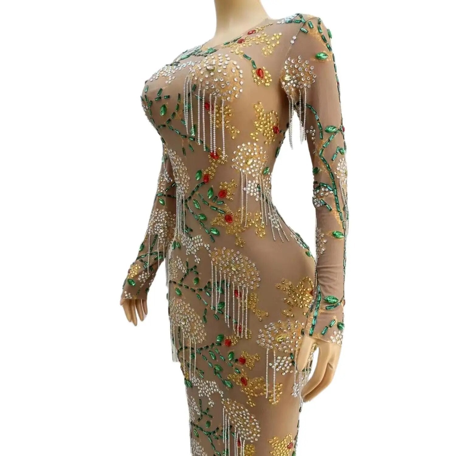 Sexy See Through Glitter Women Birthday Party Flower Gowns Sparkly Crystal Chain Black Girls Long Prom Dress 