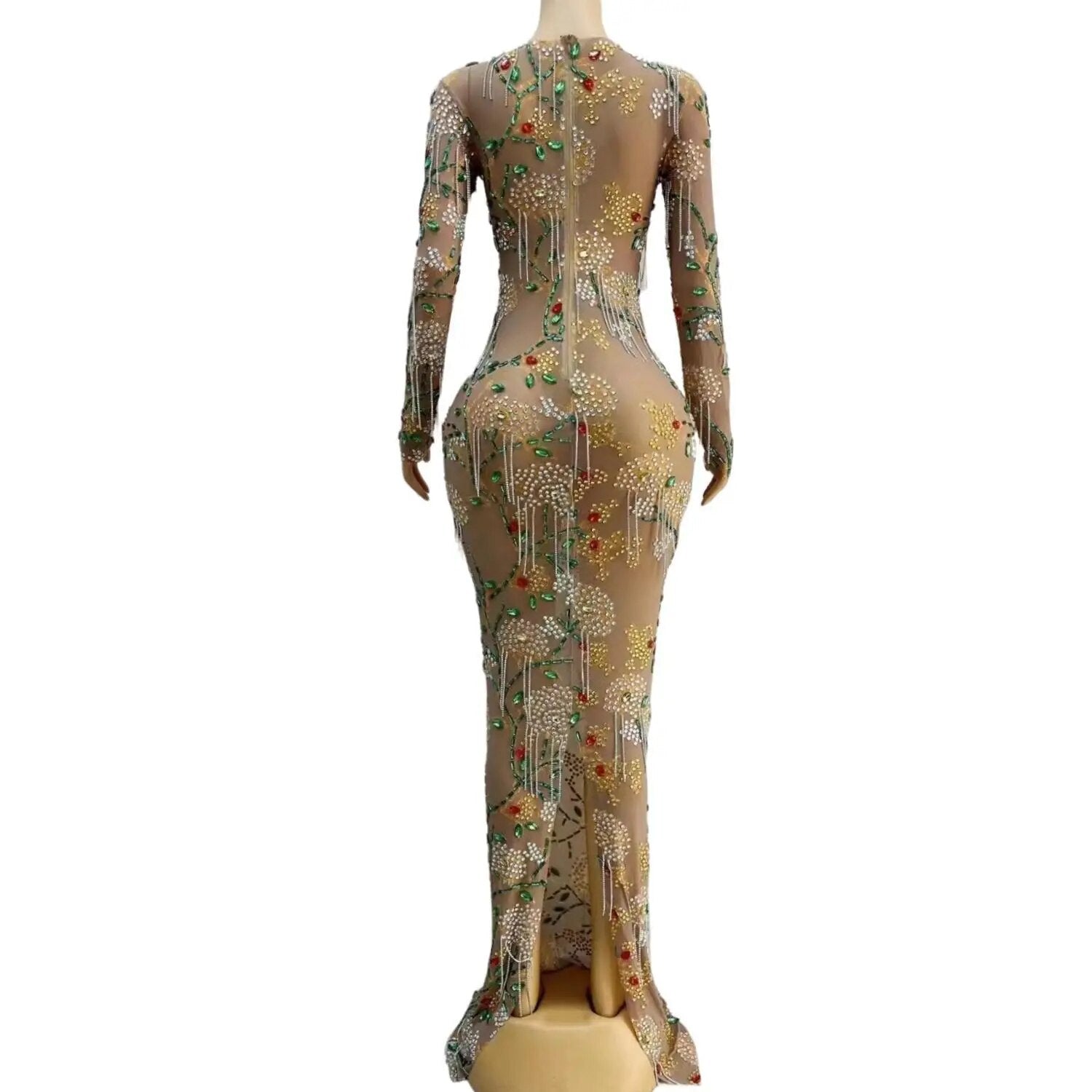 Sexy See Through Glitter Women Birthday Party Flower Gowns Sparkly Crystal Chain Black Girls Long Prom Dress 