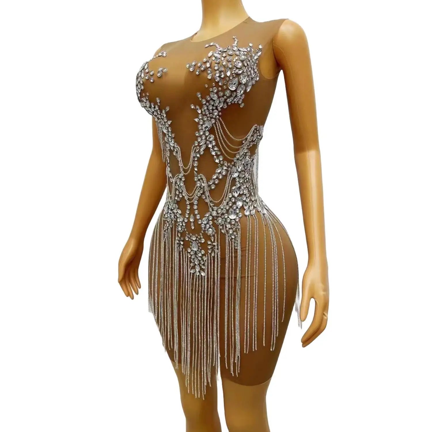 Sexy See Through Tassel Women Cocktail Birthday Formal Gowns Luxury Silver Diamond African Girl Mini Short Prom Dresses 