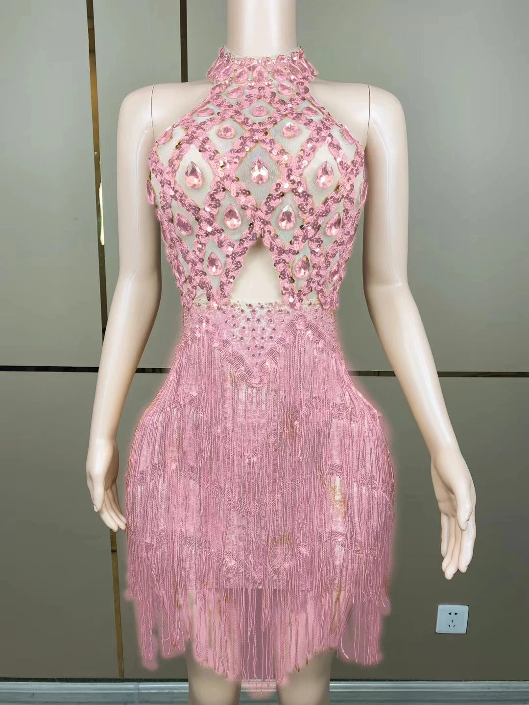 Halter Backless Sparkly Pink Sequined Short Prom Dress