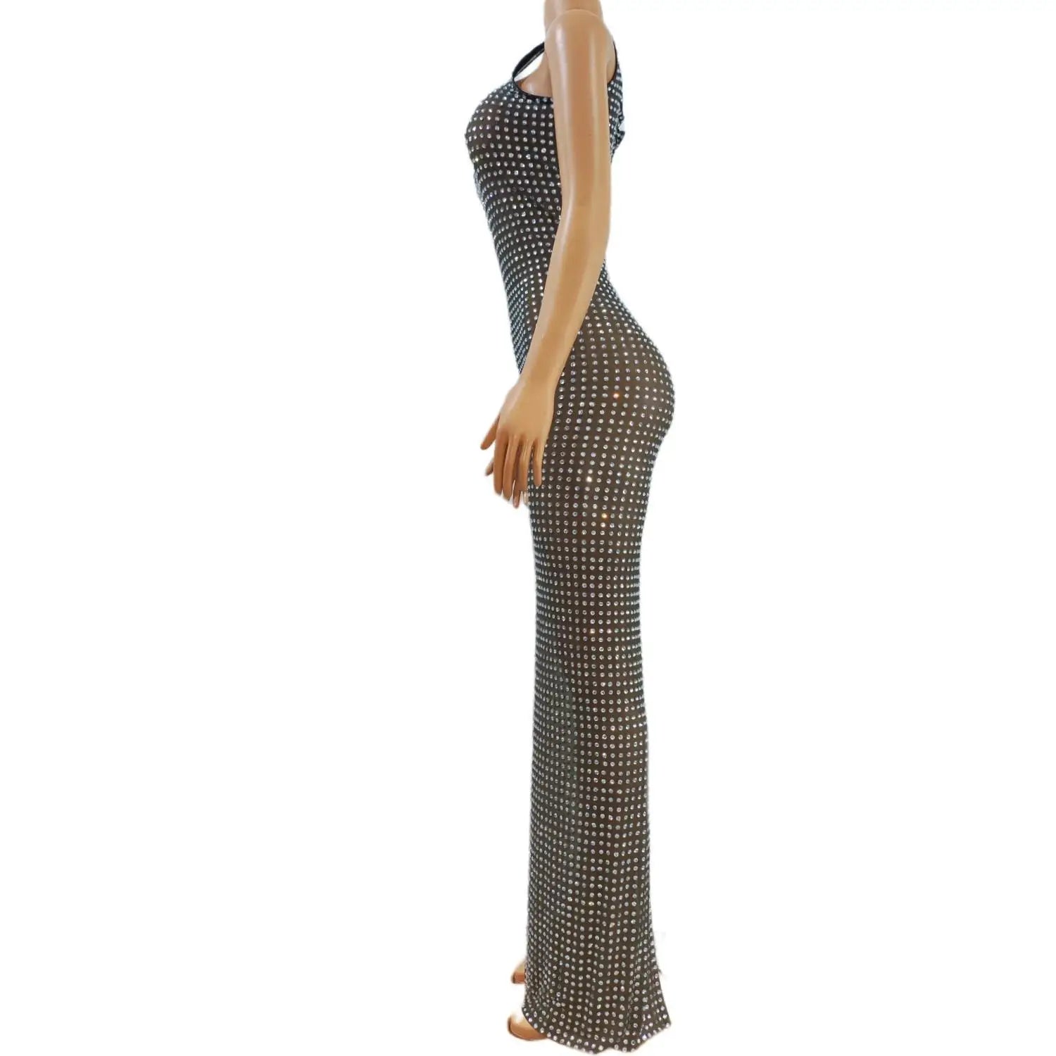 Sexy See Through Women Birthday Party Formal Cocktail Gowns Halter Luxury Rhinestones Black Girl Long Prom Dresses