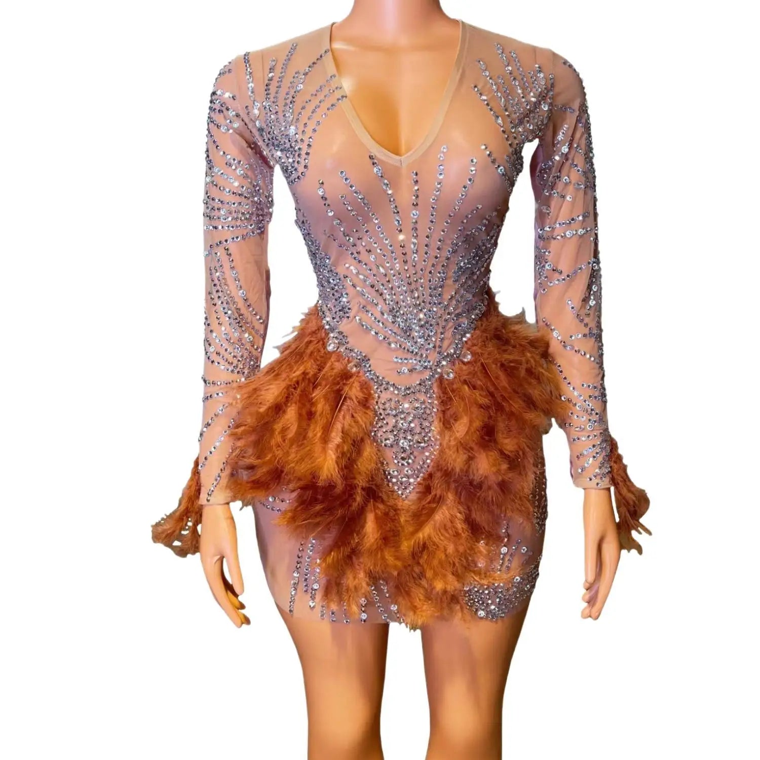 Sexy See Through Women Birthday Party Formal Gown Sheer Luxury Rhinestones Feather Dress Black Girls Short Prom Dress