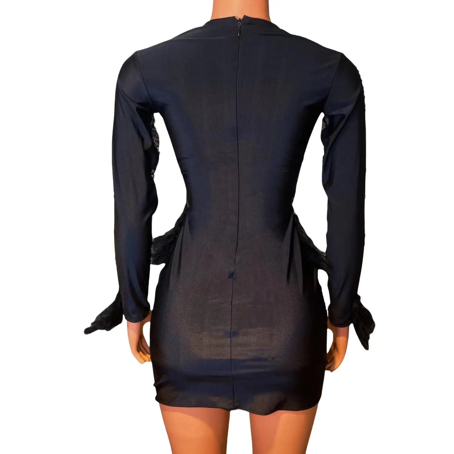 Sexy See Through Women Birthday Party Formal Gown Sheer Luxury Rhinestones Feather Dress Black Girls Short Prom Dress