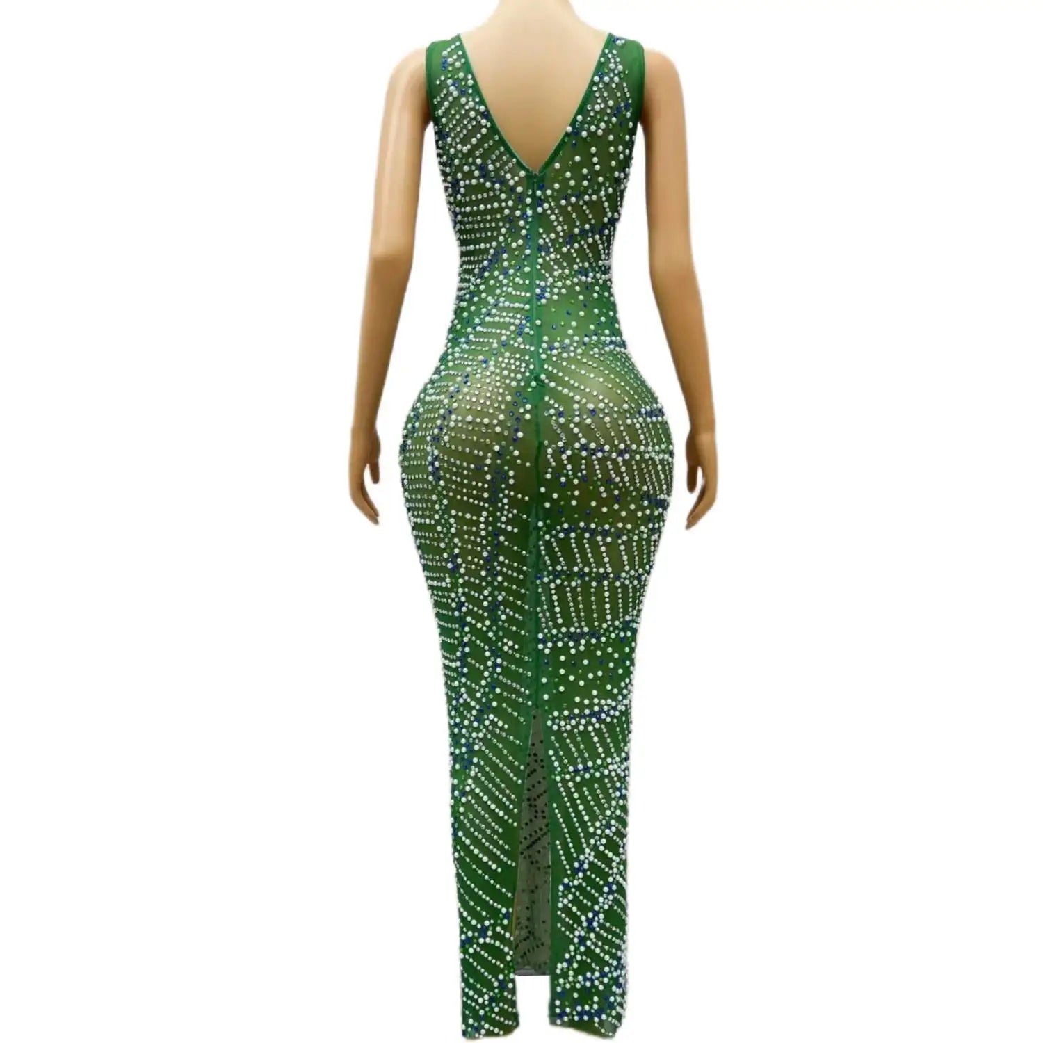 Sexy See Through Women Cocktail Formal Occasion Gowns Green Diamond Black Girl Long Prom Dresses for Birthday Party Huatian