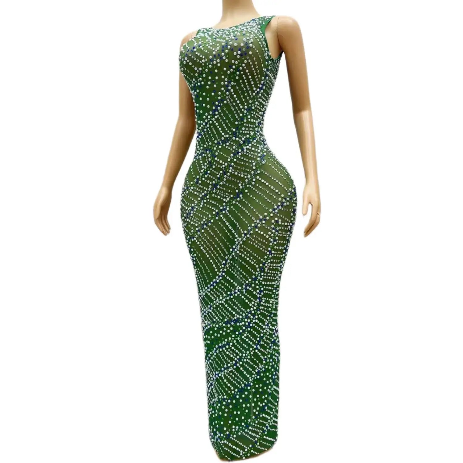 Sexy See Through Women Cocktail Formal Occasion Gowns Green Diamond Black Girl Long Prom Dresses for Birthday Party Huatian