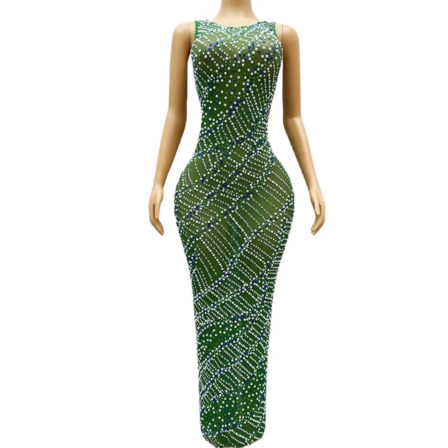 Sexy See Through Women Cocktail Formal Occasion Gowns Green Diamond Black Girl Long Prom Dresses for Birthday Party Huatian