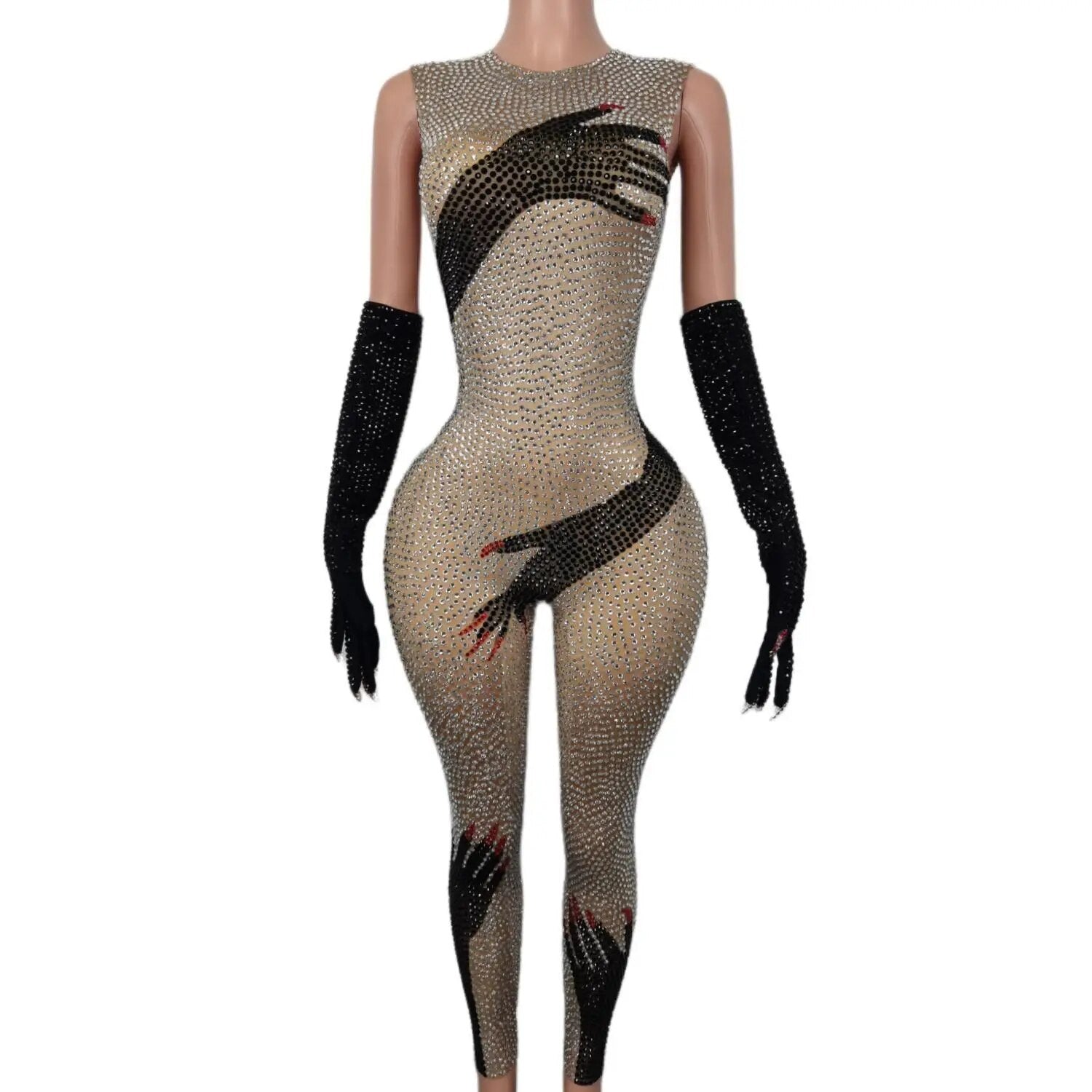 Sexy Shiny Rhinestone Women Jumpsuit Gloves Pole Dancing Costume Party Carnival Rave Outfit Drag Queen Performance Wear 