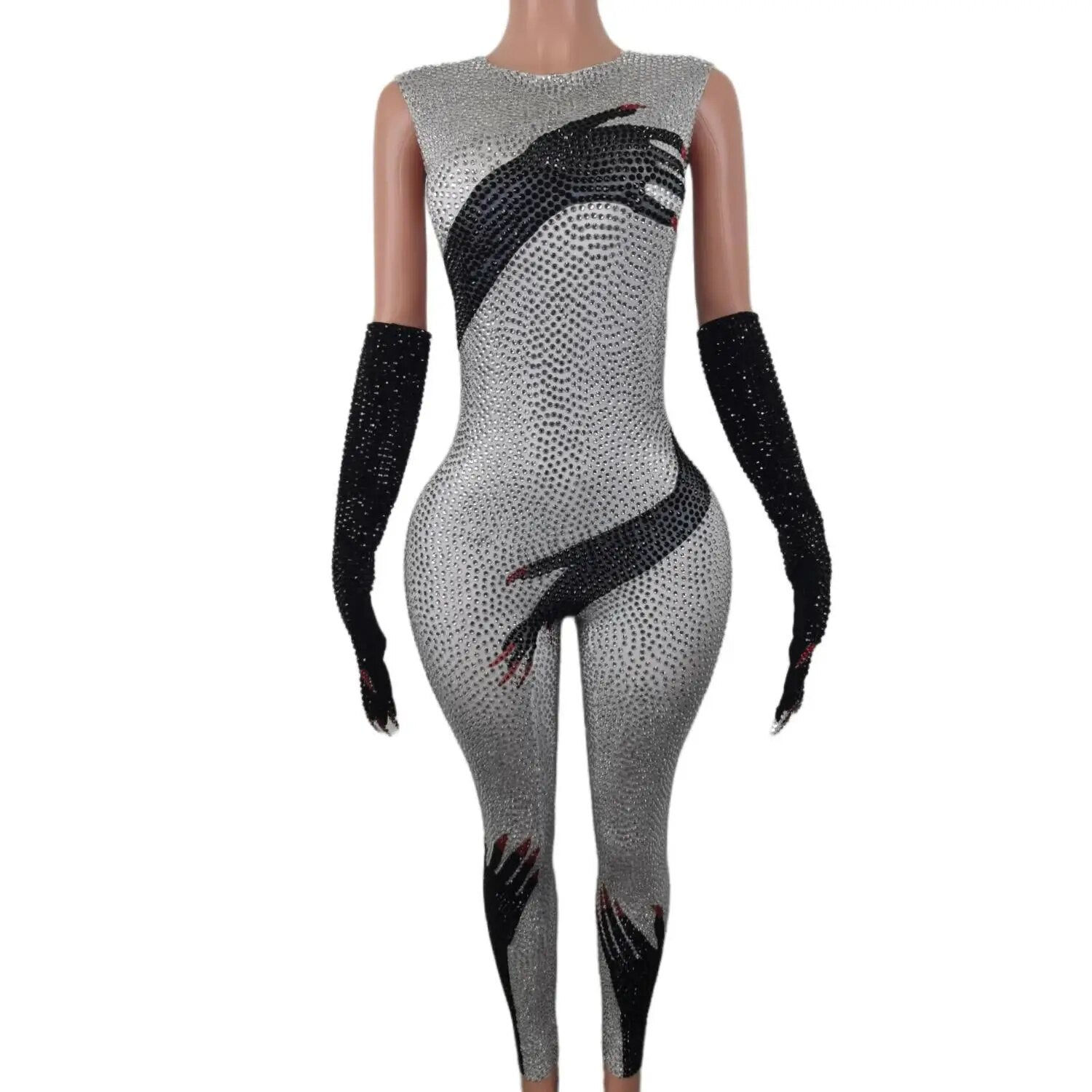 Sparkly Red Rhinestone Jumpsuit Black Hand Gloves Women Celebrate Tights Performance Costume Singer Show Stage Wear 