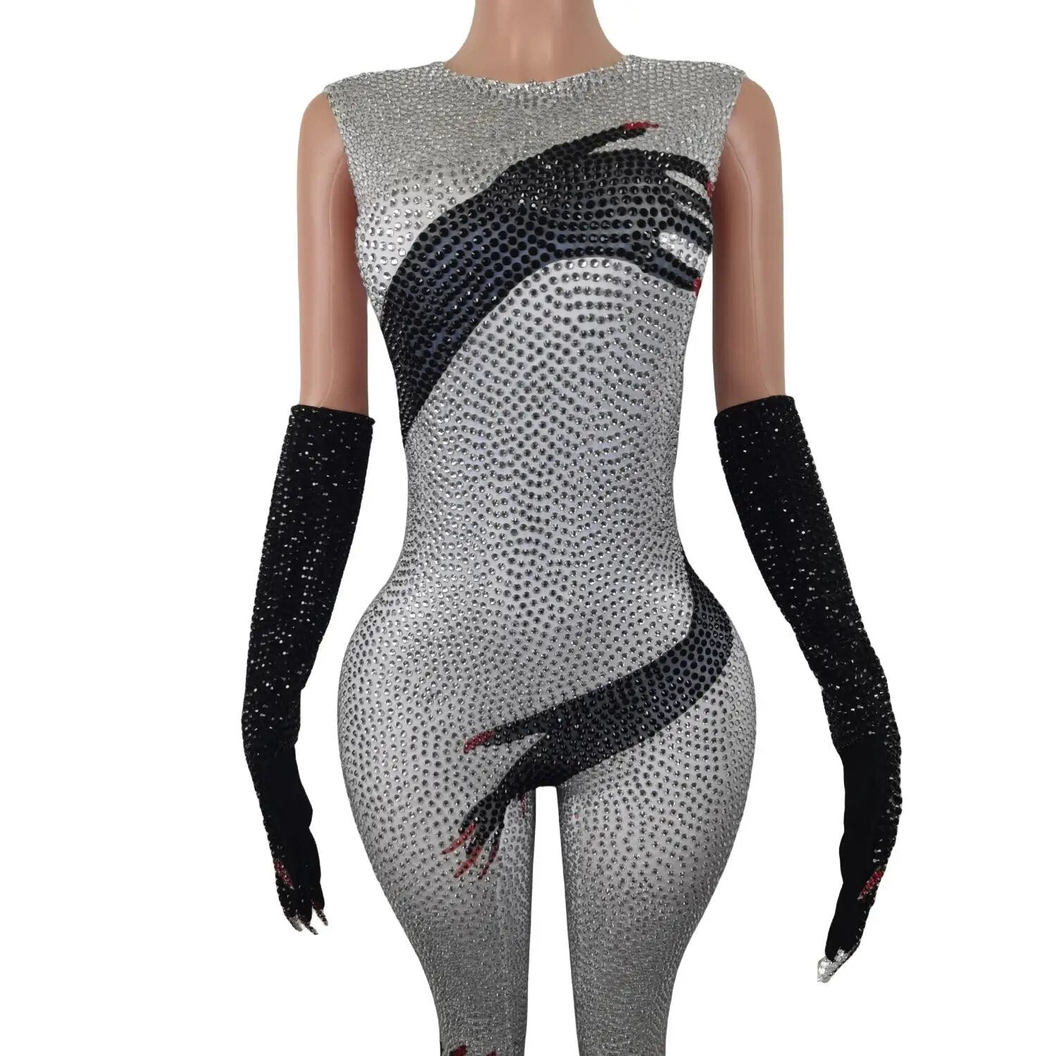 Sexy Shiny Rhinestone Women Jumpsuit Gloves Pole Dancing Costume Party Carnival Rave Outfit Drag Queen Performance Wear 