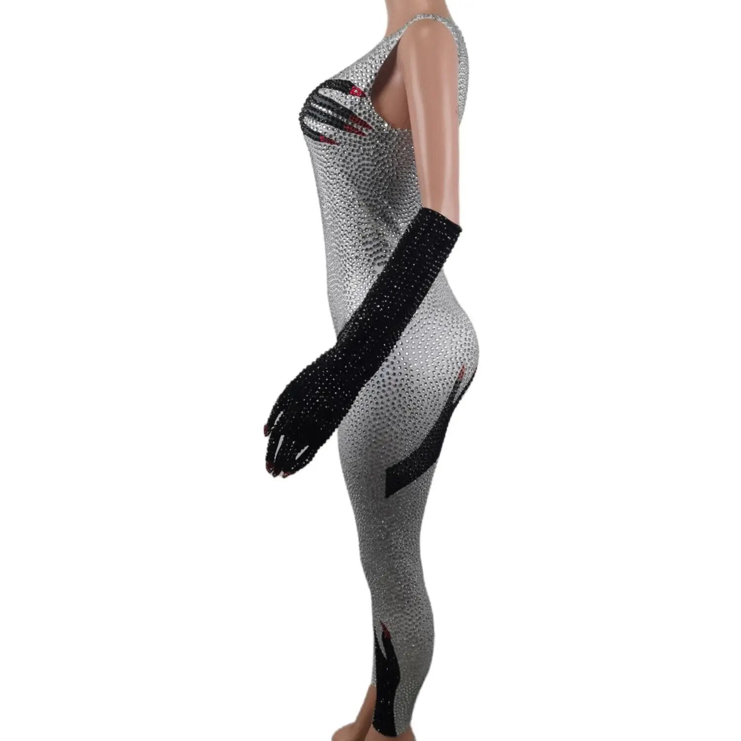 Sexy Shiny Rhinestone Women Jumpsuit Gloves Pole Dancing Costume Party Carnival Rave Outfit Drag Queen Performance Wear 