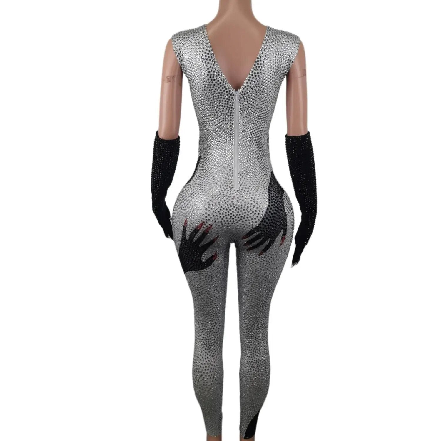 Sexy Shiny Rhinestone Women Jumpsuit Gloves Pole Dancing Costume Party Carnival Rave Outfit Drag Queen Performance Wear 