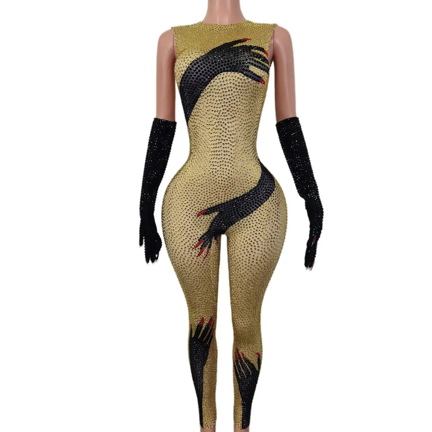 Sexy Shiny Rhinestone Women Jumpsuit Gloves Pole Dancing Costume Party Carnival Rave Outfit Drag Queen Performance Wear 
