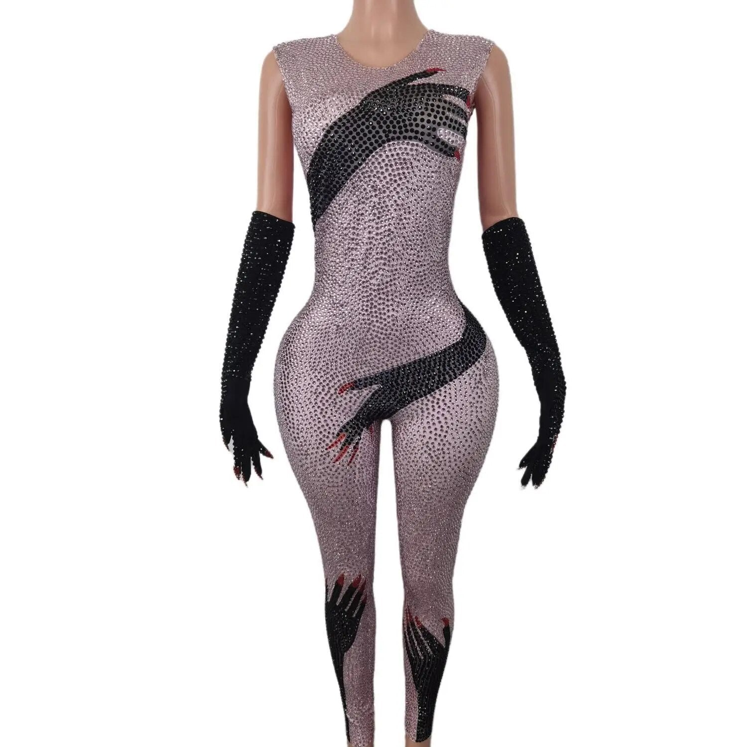 Sparkly Red Rhinestone Jumpsuit Black Hand Gloves Women Celebrate Tights Performance Costume Singer Show Stage Wear 