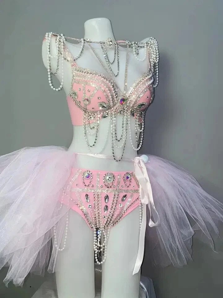 Sexy Shiny Rhinestones Chains Bikini Disco Performance Stage Wear Club Party Show Women Pole Dance Costume Nightclub Rave Outfit