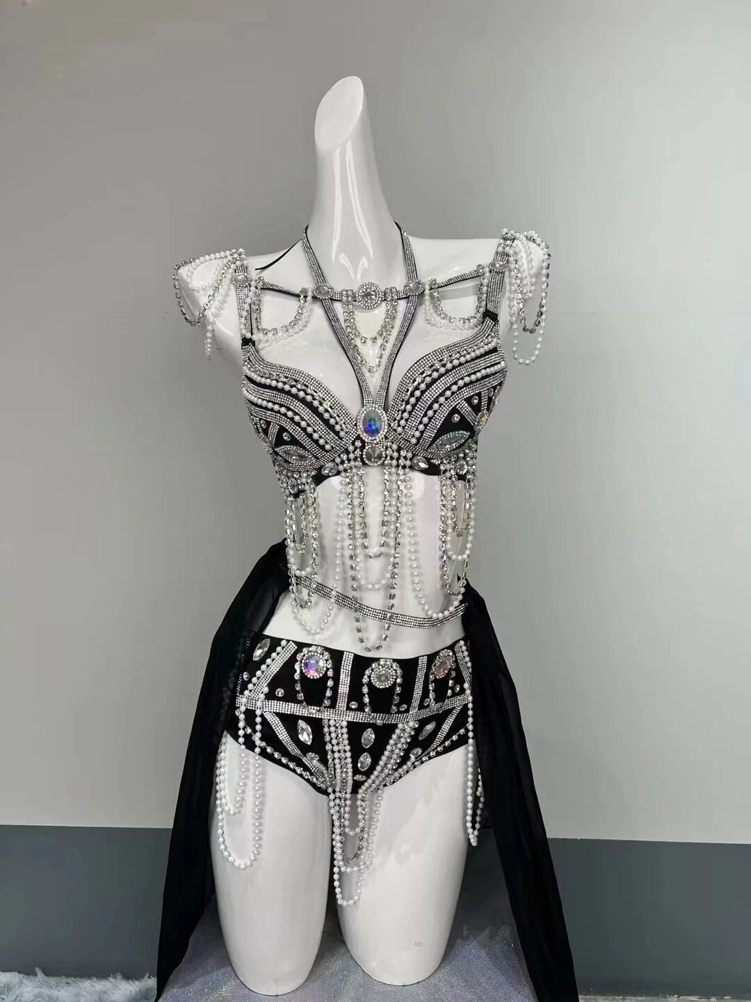 Sexy Shiny Rhinestones Chains Bikini Disco Performance Stage Wear Club Party Show Women Pole Dance Costume Nightclub Rave Outfit