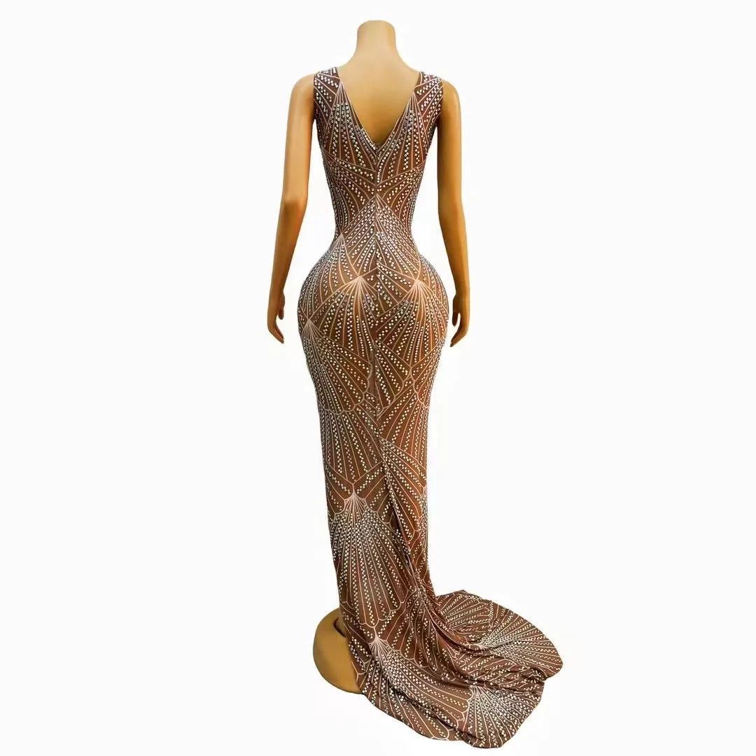 Sexy Silver AB Rhinestones Long Train Split Dress Wedding Birthday Celebrate Stretch Costume Evening Club Celebrate V-neck Dress