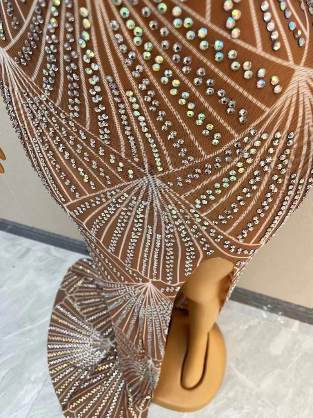 Sexy Silver AB Rhinestones Long Train Split Dress Wedding Birthday Celebrate Stretch Costume Evening Club Celebrate V-neck Dress