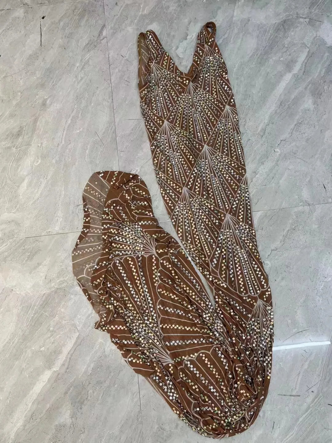 Sexy Silver AB Rhinestones Long Train Split Dress Wedding Birthday Celebrate Stretch Costume Evening Club Celebrate V-neck Dress